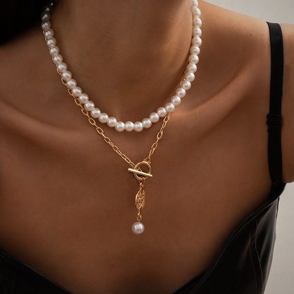 Pearl Gold Toggle Necklace | Popular Trendy - Picture 1 of 1